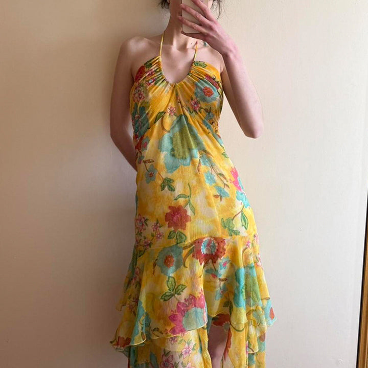 Damen Maxi-Kleid mit floralen Rüschen und tiefem V-Ausschnitt Echo Archiv