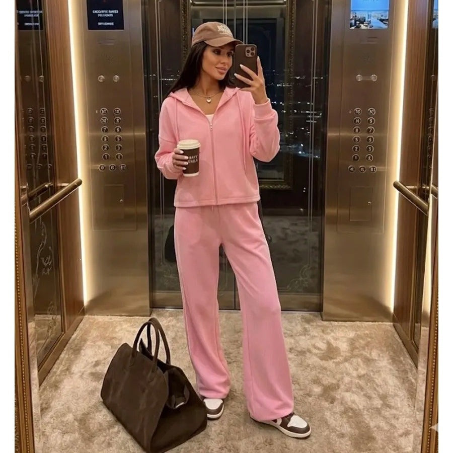 Damen Lässiges Zweiteiliges Sweatset mit Kapuzenjacke und weitem Bundfalten Jogginghose – Élanora