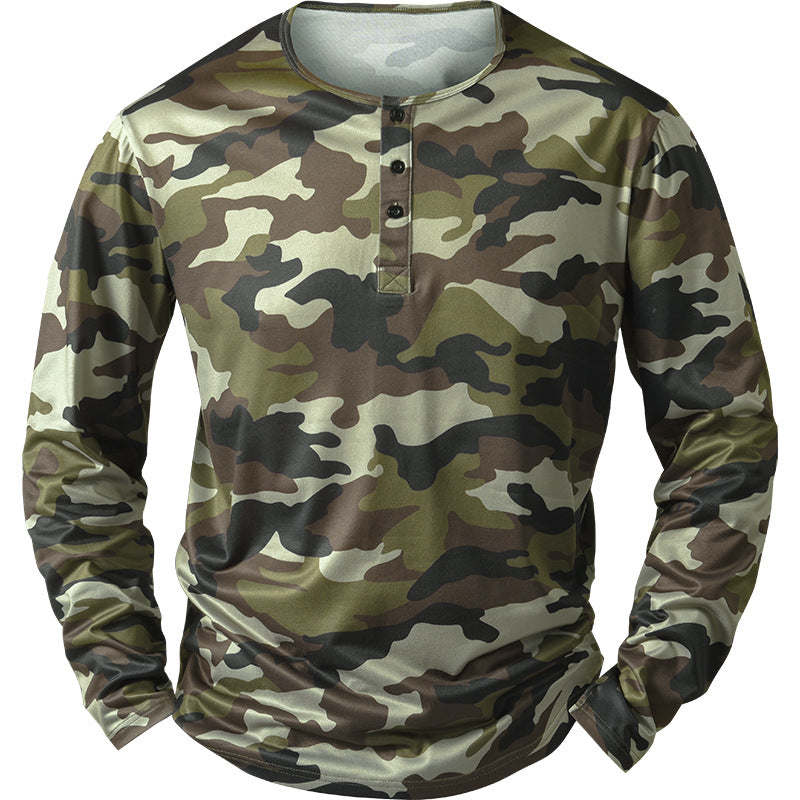 Herren Körperbetontes Langarm-Henleyshirt im Camouflage-Look mit Stretch Echoarchiv