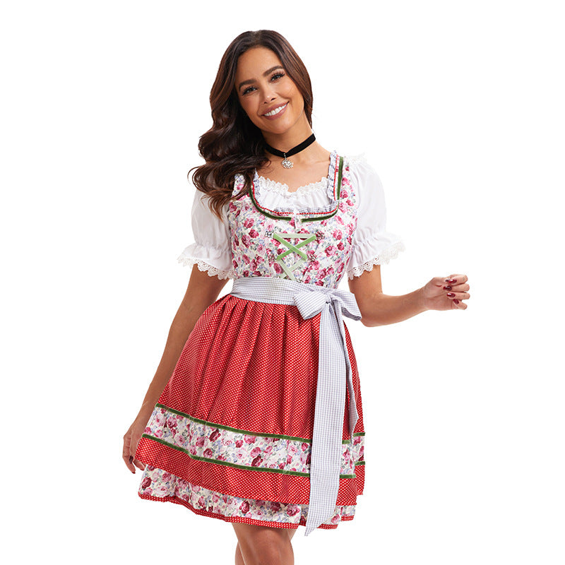 Damen nan verspieltes Trachtenkleid mit floral bestickter Korsage, geschnürter Taille und kurzstufigem Rock Echo Archiv