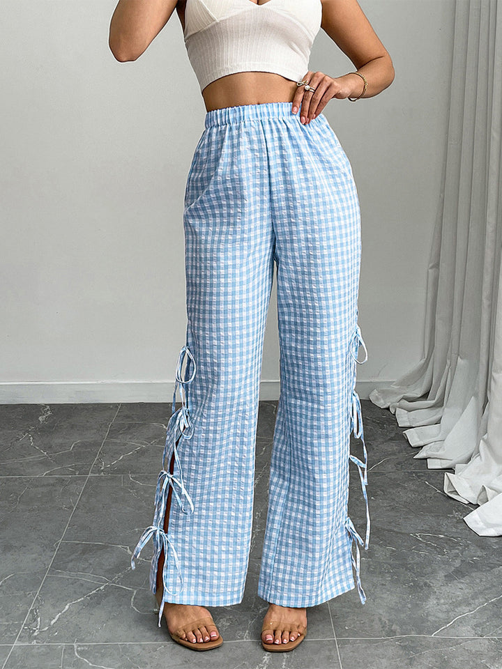 Damen High‑Waist Leinenoptik-Hose mit Gingham-Karo, weitem Bein & seitlichen Bändchen-Details Echoarchiv