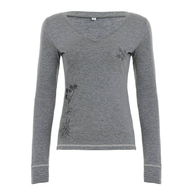 Damen Langärmeliges V-Ausschnitt-Shirt mit feiner Blumenstickerei – Maréline