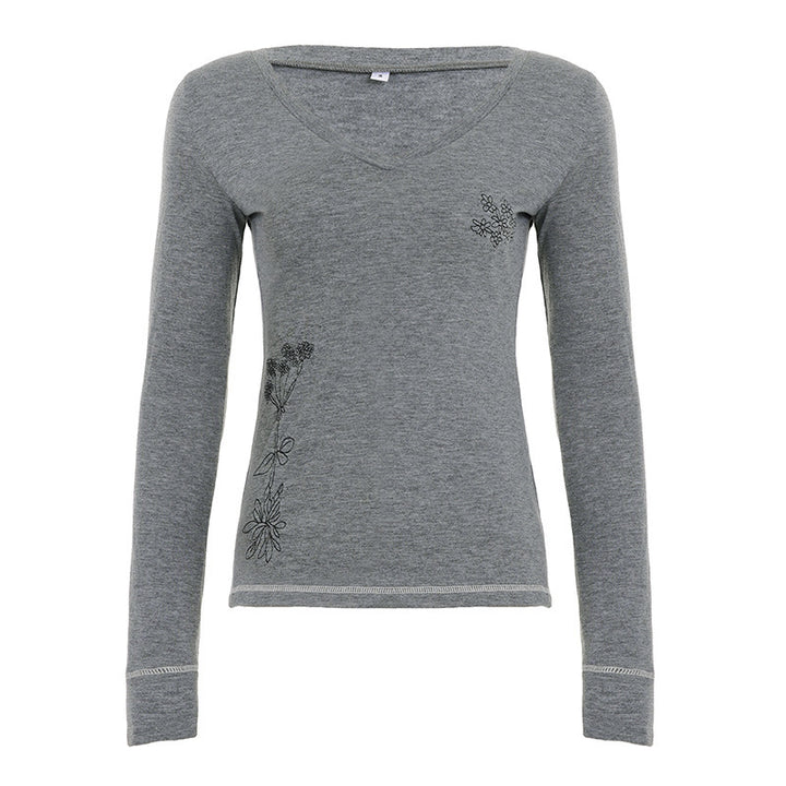 Damen Langärmeliges V-Ausschnitt-Shirt mit feiner Blumenstickerei – Maréline