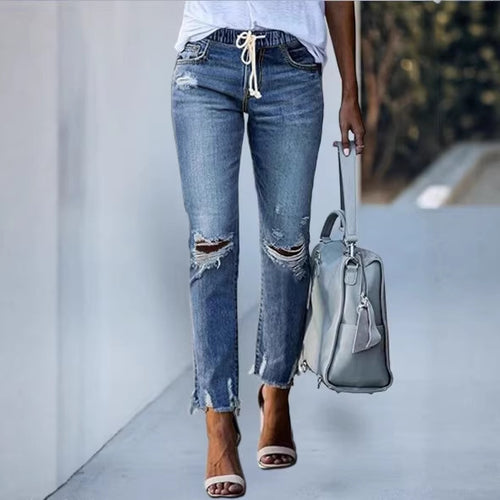 Damen Cropped-Denim-Jeans mit Tunnelzugbund, Destroyed-Kniepartien und rohem Saum Echo Archiv