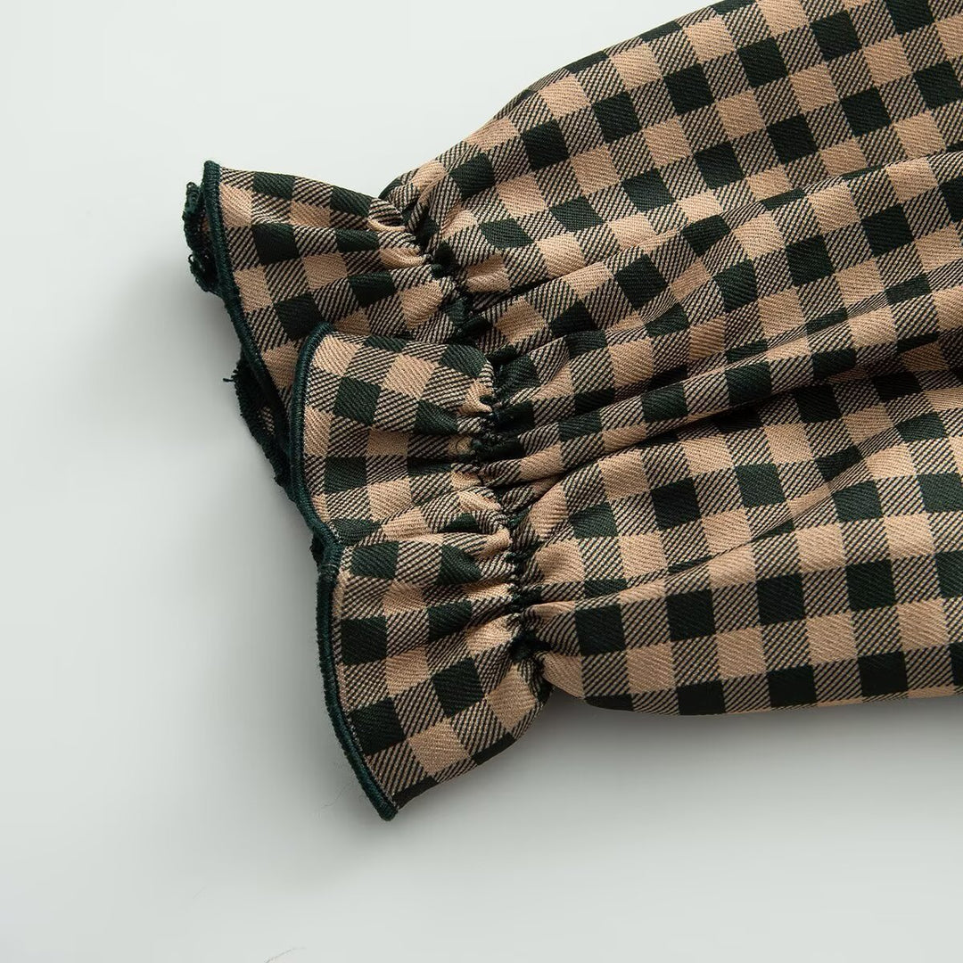 Damen Karierte Rüschenbluse mit Stehkragen und Volantdetails Echoarchiv