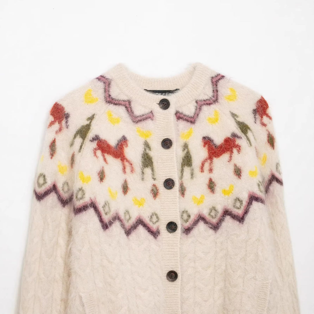 Damen 10+ gemusterte Mohair‑Cardigan mit Norweger‑Motiv, Zopfmuster und Knopfleiste Echo Archiv