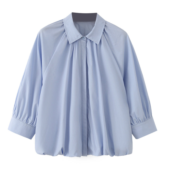 Damen Weites Blusenshirt mit Kellerfalten Ballonärmeln und Hemdkragen Echo Archiv