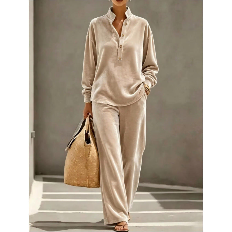 Damen Velours-Loungewear-Set mit Stehkragen-Henleytop und weiter Palazzohose Echoarchiv