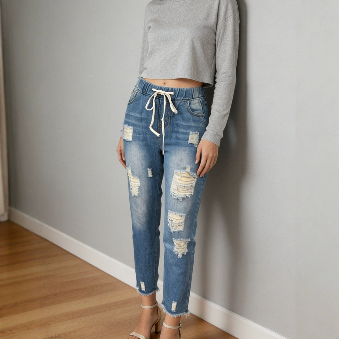 Damen nan lockere Destroyed-Denim Jogger mit elastischem Kordelbund und ausgefranstem Knöchelabschluss Echo Archiv
