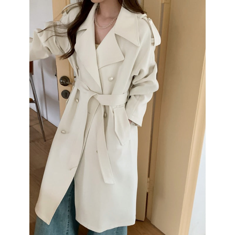 Damen Midilanger Trenchcoat mit Oversize-Schultern und Perlmuttknöpfen Echoarchiv
