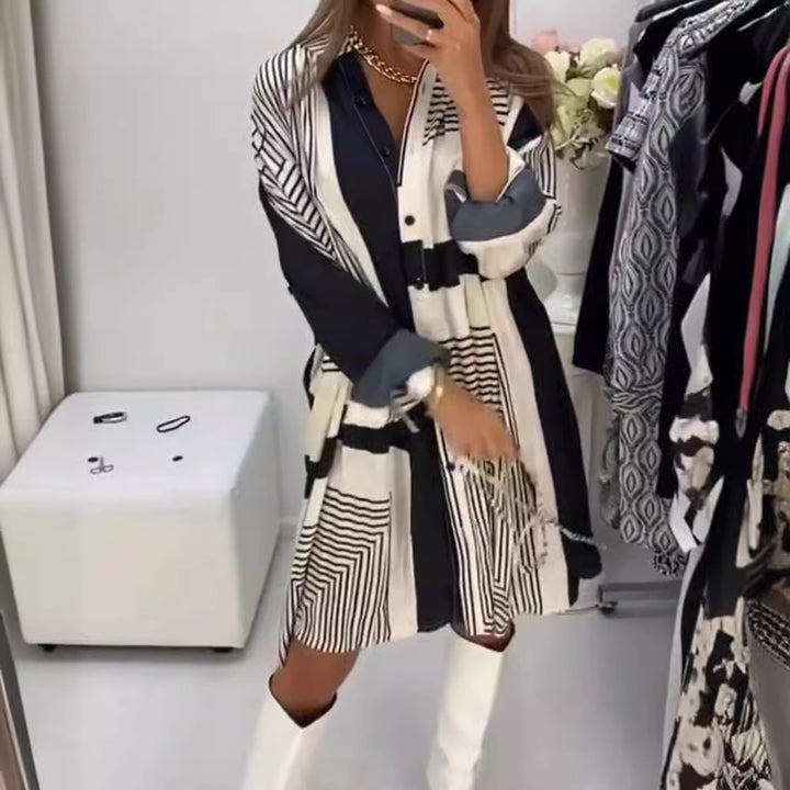 Damen nan knieumspielendes A-Linien-Hemdblusenkleid mit grafischem Linienprint, verdeckter Knopfleiste und oversized Manschetten Echo Archiv