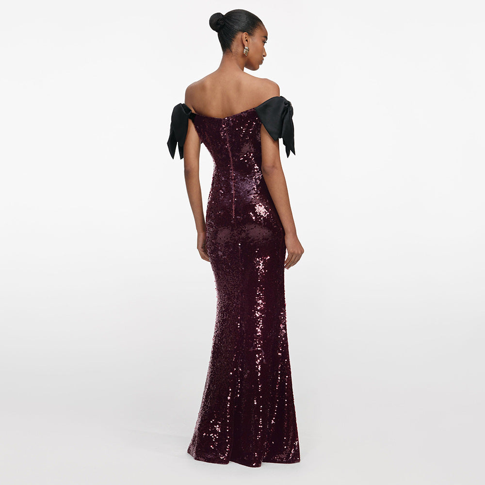 Damen Elegantes Pailletten-Maxikleid mit schulterfreiem Design und dekorativen Schleifen Echo Archiv