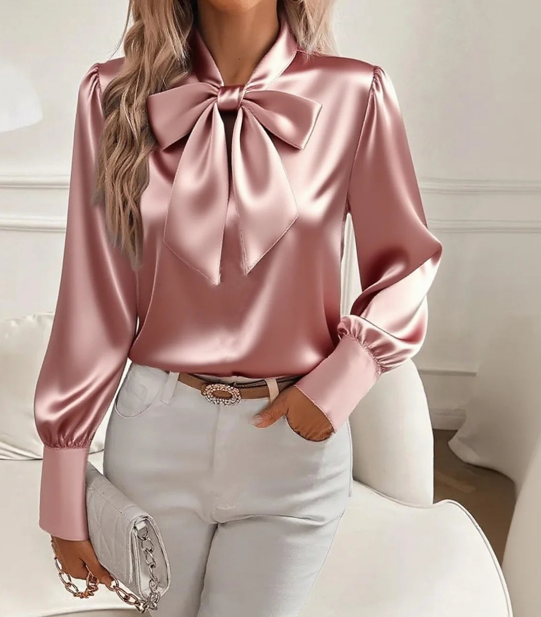 Damen elegante Satinbluse mit Schleifenkragen und Puffärmeln Echo Archiv