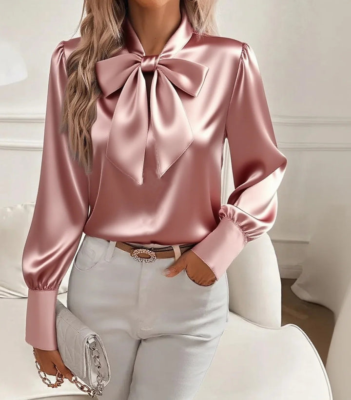 Damen elegante Satinbluse mit Schleifenkragen und Puffärmeln Echo Archiv