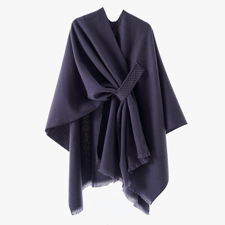 Damen Eleganter Wickel-Umhang aus Wollmischung mit Taillenschärpe und Fransensaum – Avérine