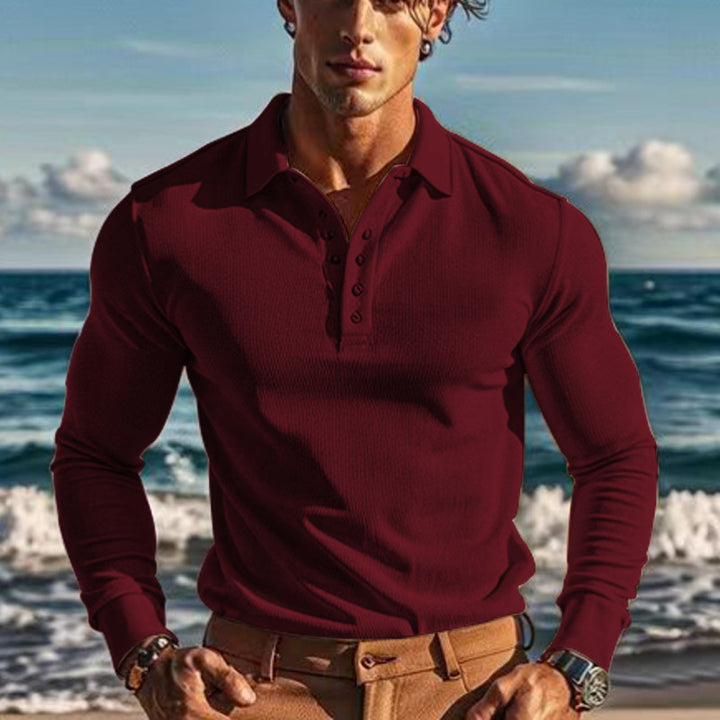 Herren Langarm-Henley-Shirt aus atmungsaktivem Strukturmaterial mit dekorativen Knöpfen Echoarchiv
