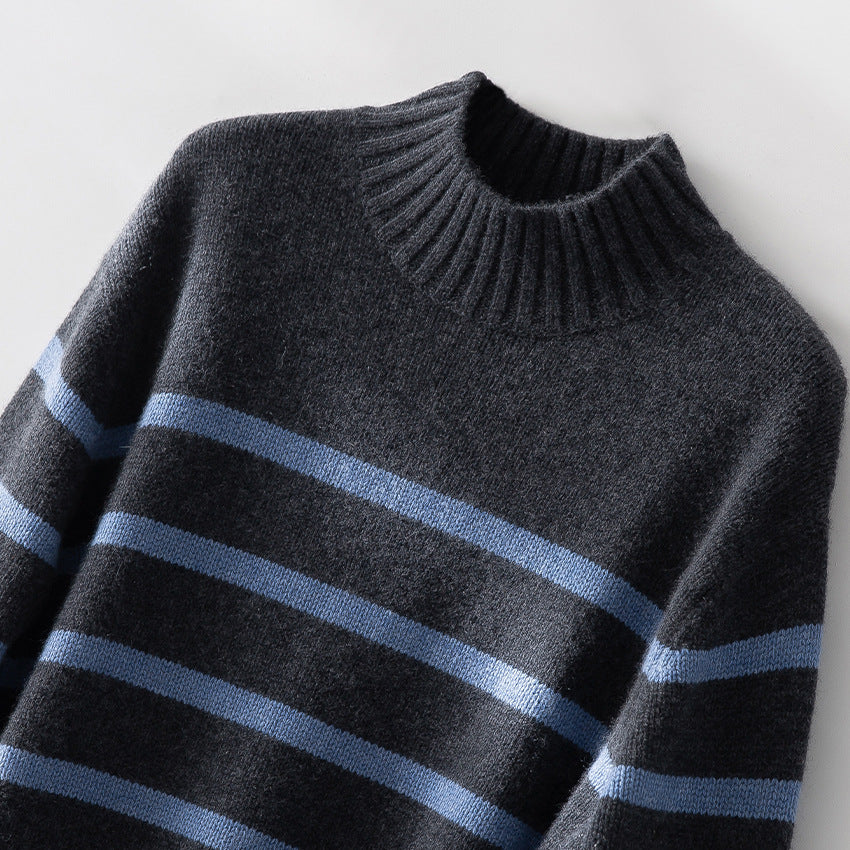 Damen Gestreifter Feinstrick-Pullover mit halbhohem Rippkragen und geripptem Saum Echoarchiv