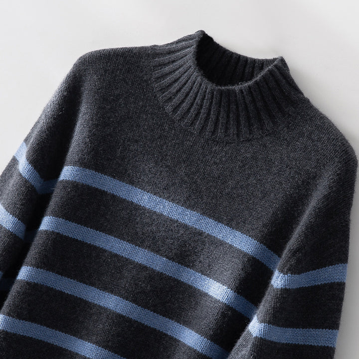 Damen Gestreifter Feinstrick-Pullover mit halbhohem Rippkragen und geripptem Saum Echoarchiv