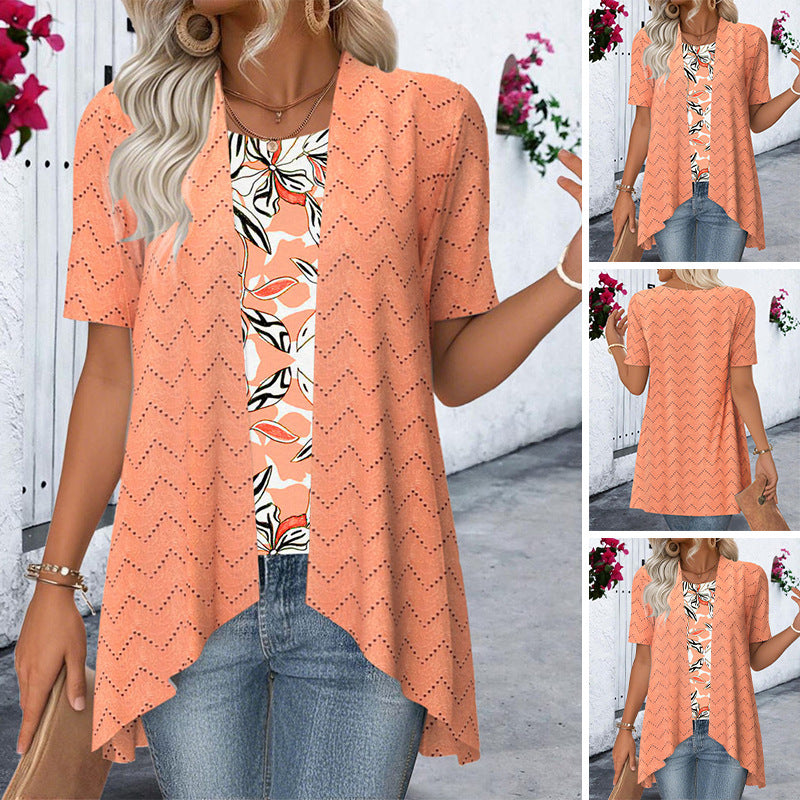 Damen nan Ajourstrick-Cardigan mit asymmetrischem Zipfelsaum und kurzen Ärmeln Echo Archiv