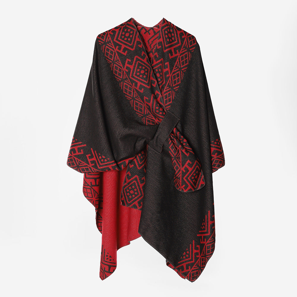 Damen Reversibler Wollmix-Cape mit Bindeschlaufe und feinem Jacquardmuster – Avérine