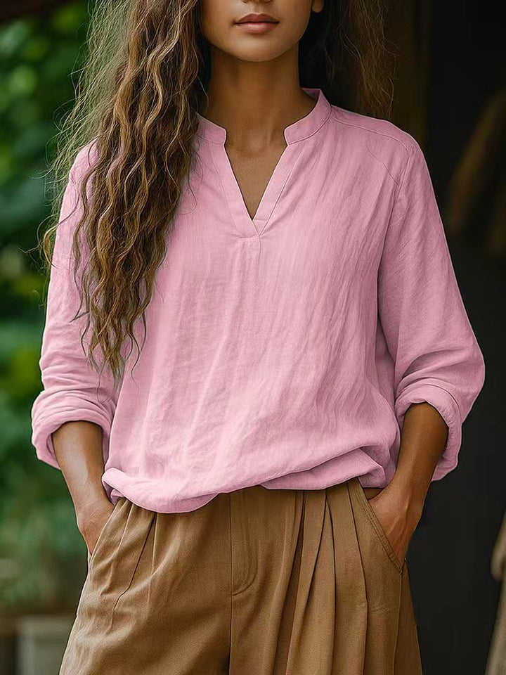 Damen Casual Tunika-Bluse in Leinenoptik mit kleinem Stehkragen und V‑Schlitz – Élovi