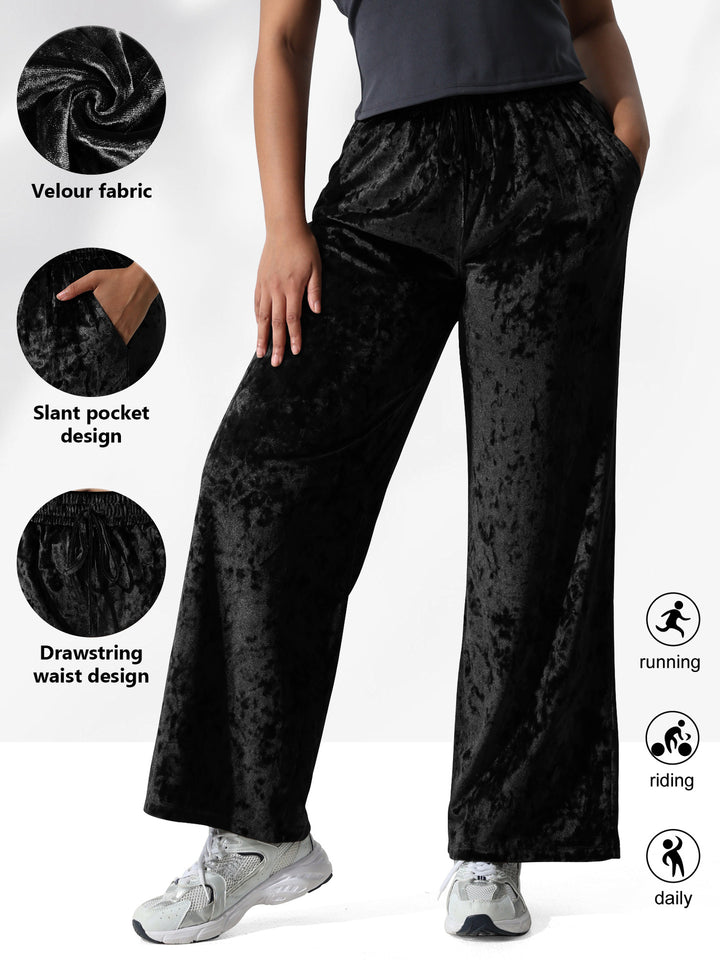 Damen Velours-Hose mit weitem Bein, Tunnelzug und Eingrifftaschen echoarchiv-