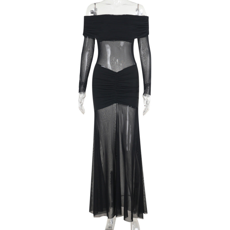 Damen durchsichtiges Maxikleid mit schulterfreiem Design und Rüschungen Echo Archiv