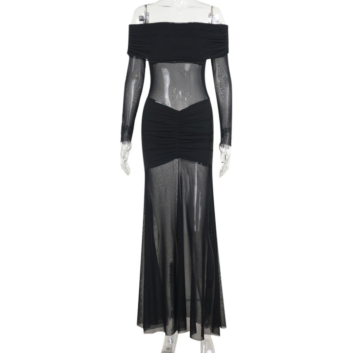 Damen durchsichtiges Maxikleid mit schulterfreiem Design und Rüschungen Echo Archiv