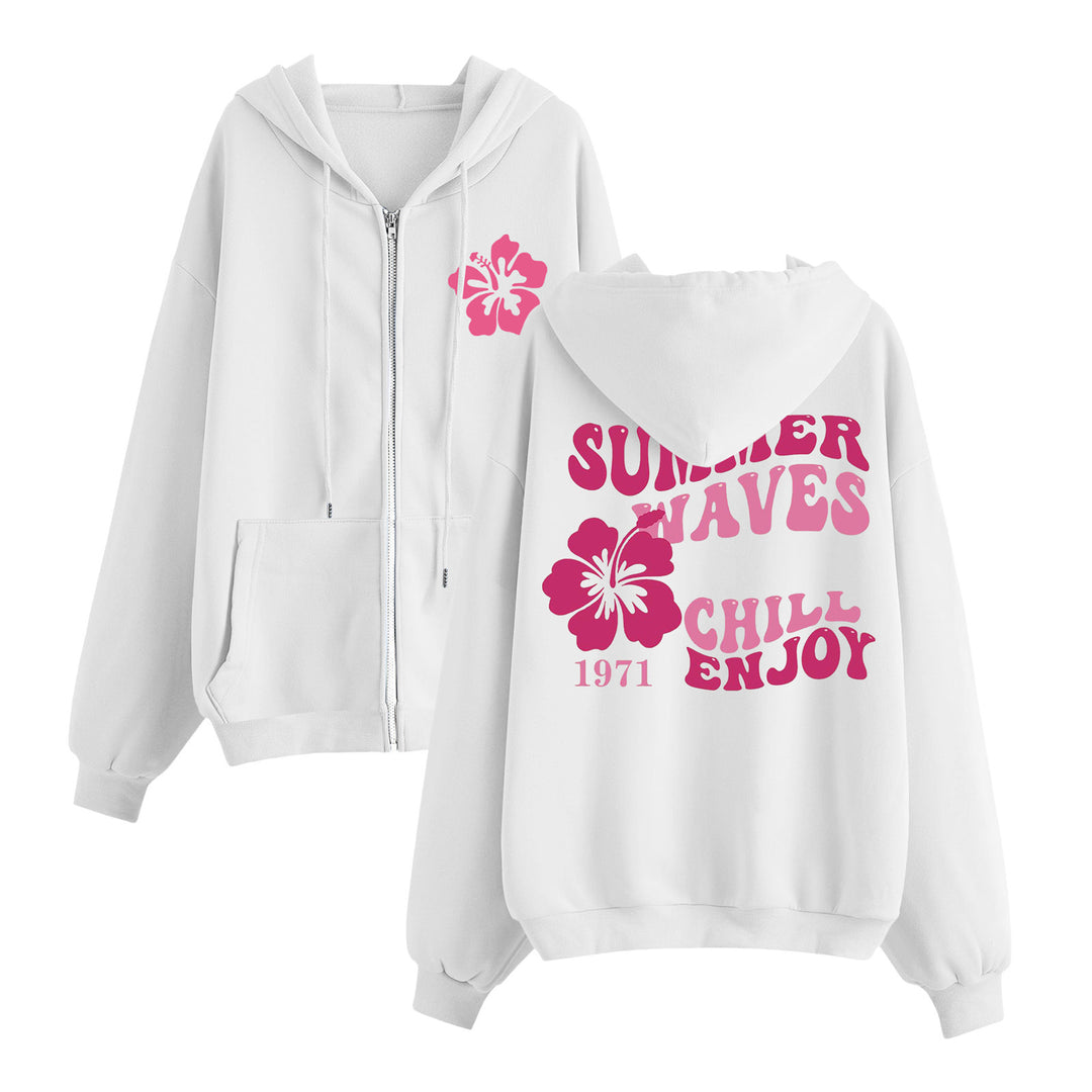 Damen entspannter Zip-Hoodie mit tropischem Hibiskus-Print, Kängurutaschen und gerippten Bündchen – Auréline