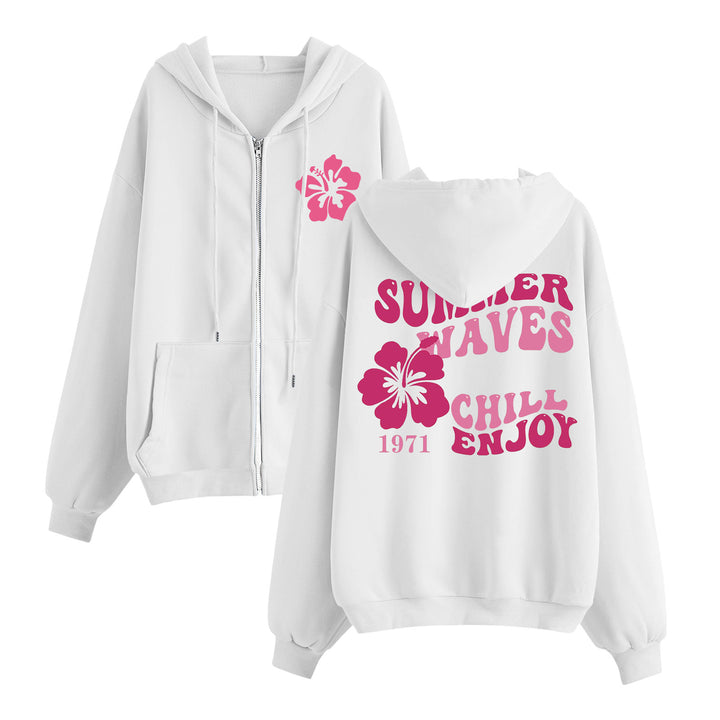 Damen entspannter Zip-Hoodie mit tropischem Hibiskus-Print, Kängurutaschen und gerippten Bündchen – Auréline