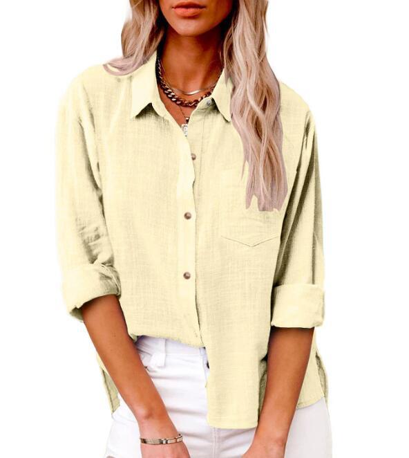 Damen lässige Leinenbluse mit kurzem Arm und Knopfdetails Echoarchiv