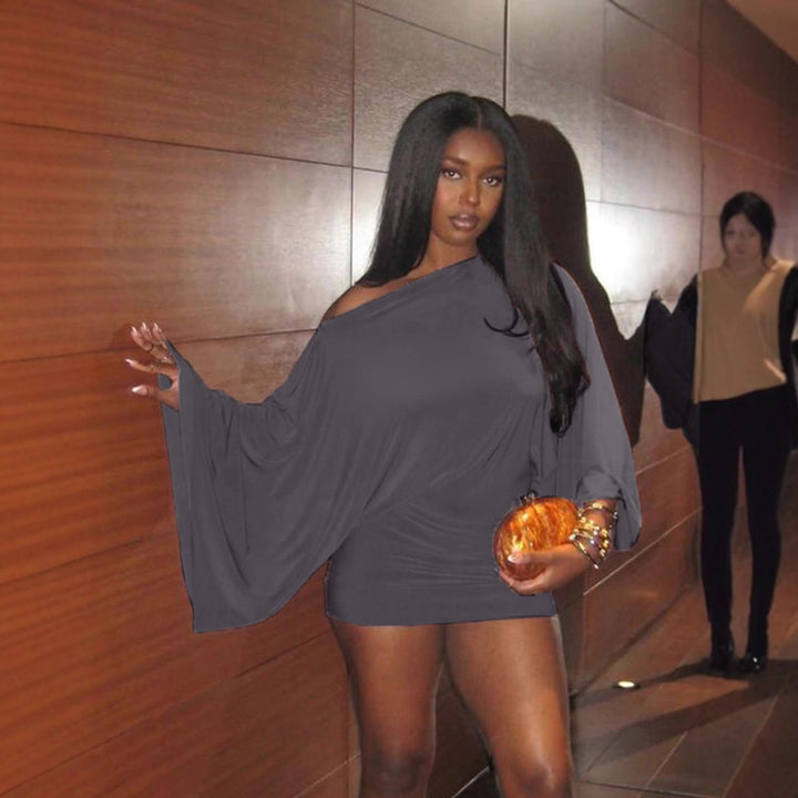 Damen nan schulterfreies Drapiertes Blouson-Top mit weitem Fledermausärmel und tailliertem Bündchen Echo Archiv