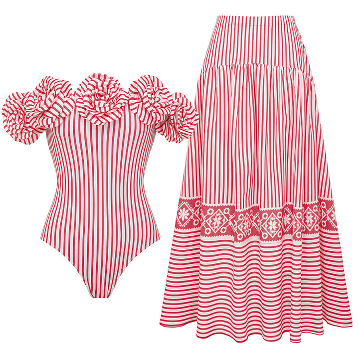 Damen Striped Bikini-Set mit eleganter Wickelbluse und modischem Rock Echo Archiv