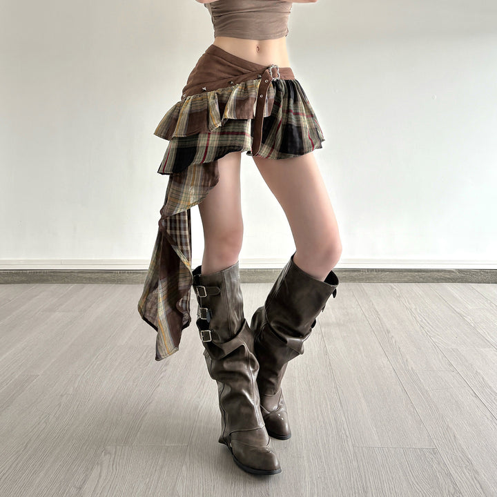 Damen Verspielter Karorock mit asymmetrischem Schnitt und verstellbarem Bund Echo Archiv