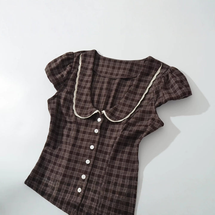 Damen Kariertes A-Linien-Minikleid mit kontrastierendem Bubikragen und Knopfleiste Echoarchiv