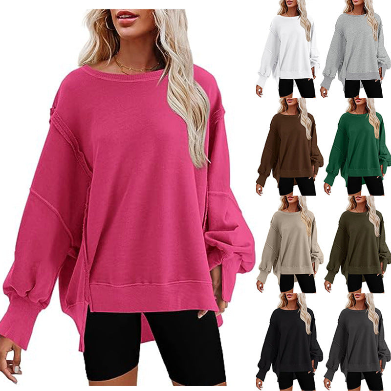 Damen Oversized Sweatshirt mit Ballonärmeln, seitlichen Schlitzen und offenen Kanten Echoarchiv