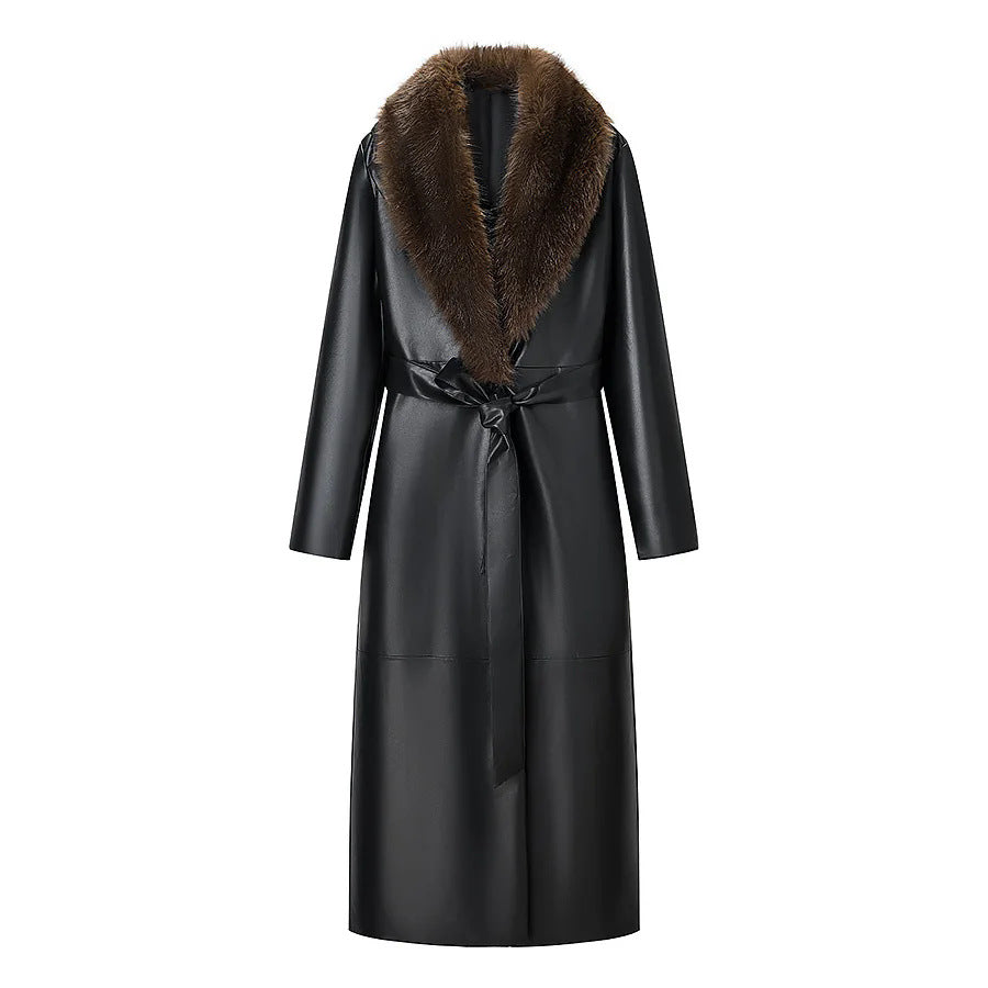 Damen langes Lederimitat-Mantelkleid mit voluminösem Kunstfell-Schalkragen und Bindegürtel – Montévia