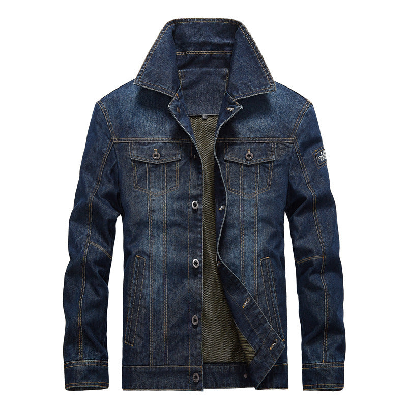 Herren Jeansjacke im Worker‑Look mit Stehkragen, Brustpattentaschen und Ziernähten – Denvaro