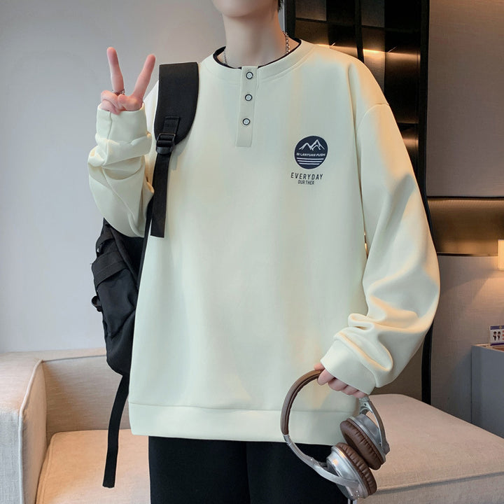 Herren lässiger Langarmpullover mit Knopf und gesticktem Motiv Echoarchiv