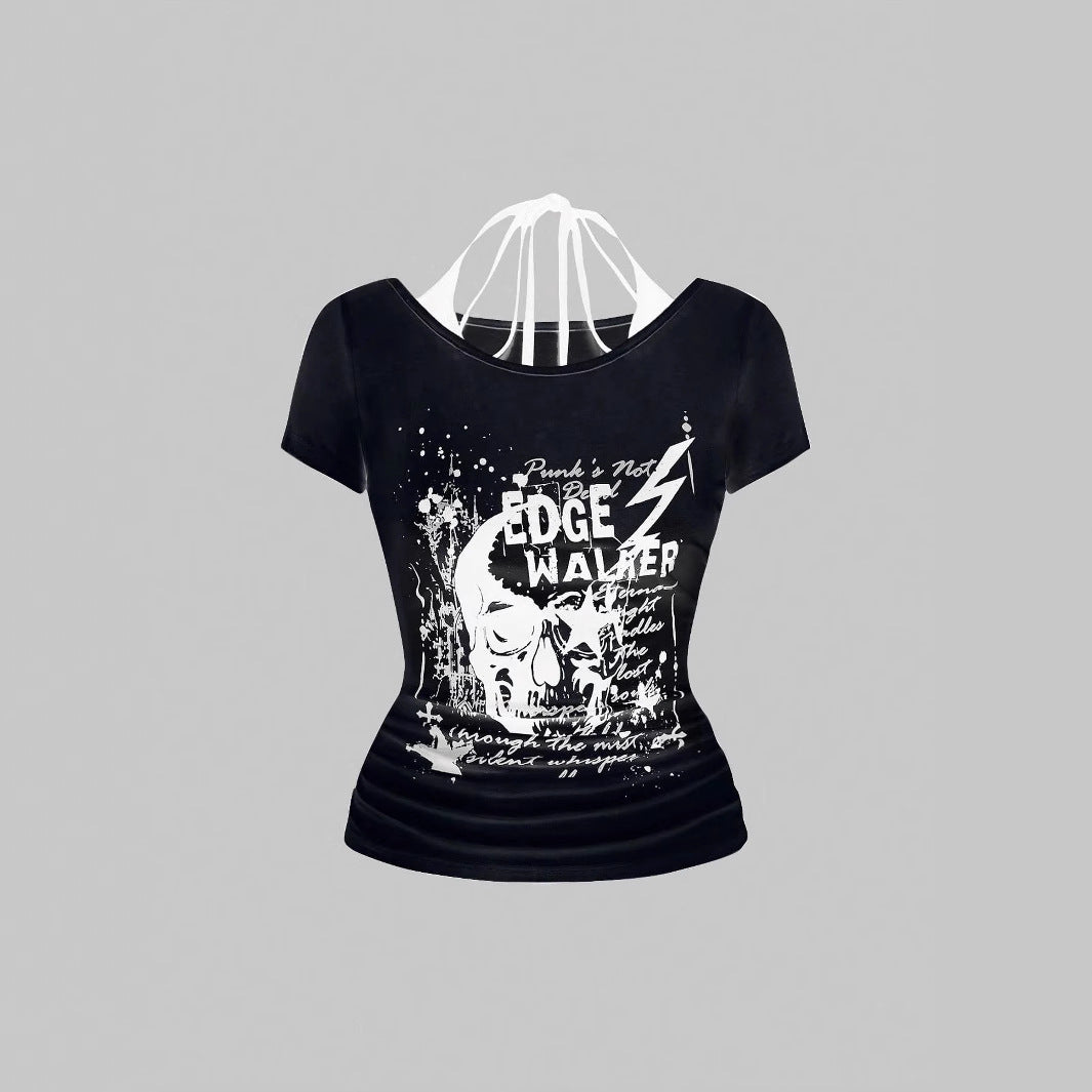 Damen kreatives Grafik-T-Shirt mit verführerischem Rückenausschnitt Echo Archiv