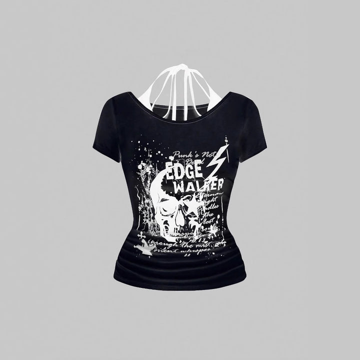 Damen kreatives Grafik-T-Shirt mit verführerischem Rückenausschnitt Echo Archiv