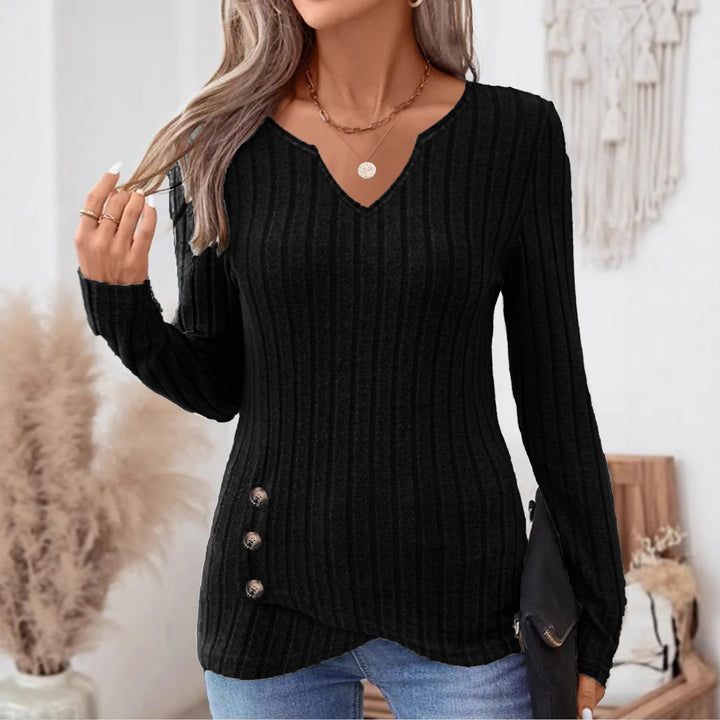 Damen Geripptes Longsleeve-Tunika mit V-Ausschnitt und seitlichen Zierknöpfen – Avérine