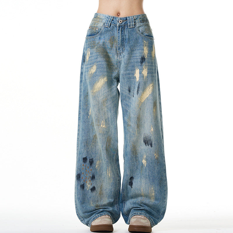 Damen Extraweite hochgeschnittene Baggy-Jeans mit künstlerischem Paint-Effekt Echo Archiv