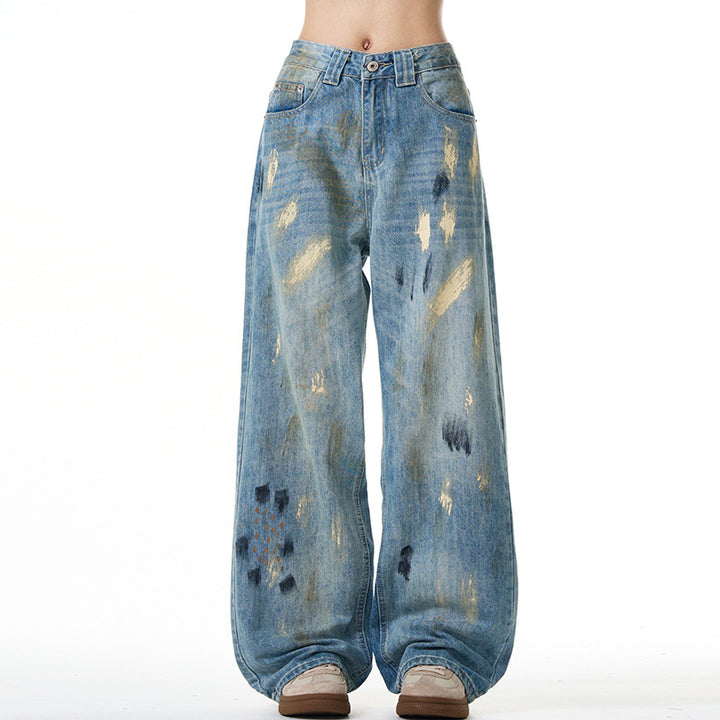 Damen Extraweite hochgeschnittene Baggy-Jeans mit künstlerischem Paint-Effekt Echo Archiv