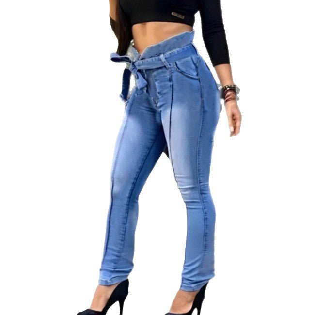 Damen Hochtaillierte Paperbag-Skinny-Jeans mit Bindegürtel und vertikaler Nahtführung Echo Archiv
