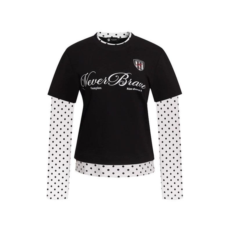 Damen Lagen-Langarmshirt mit Tupfen-Innenlayer und kalligrafischem Statement-Print Echoarchiv