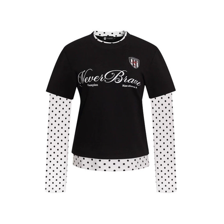Damen Lagen-Langarmshirt mit Tupfen-Innenlayer und kalligrafischem Statement-Print Echoarchiv