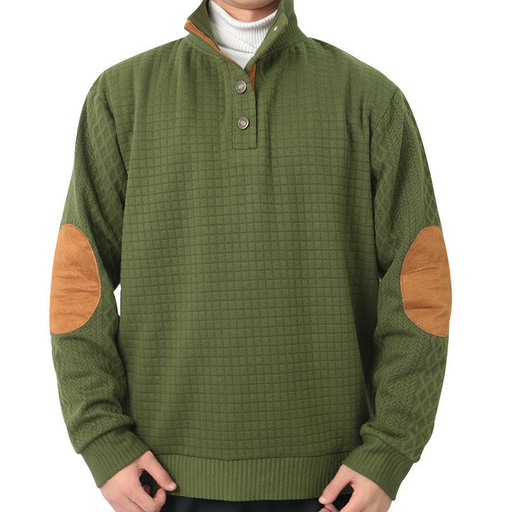 Herren Waffelstrick-Halbzip-Pullover mit Stehkragen Lederbesatz und Ellbogenpatches Echoarchiv