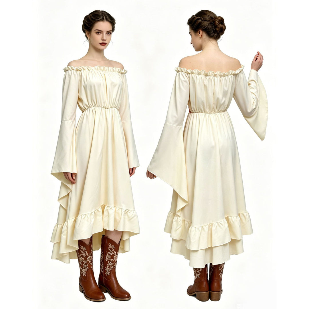 Damen nan schulterfreies Boho Maxikleid mit Volants, asymmetrischem Saum und Glockenärmeln Echo Archiv