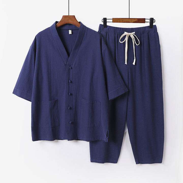 Unisex Leichtes Kimono-Lounge-Set aus Baumwoll-Leinen mit Kurzarmjacke und Kordelbund-Hose Echoarchiv